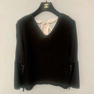 Black V-Neck Long Sleeve Top with Back Tie